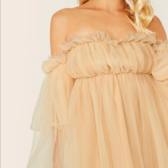 Ruffle dress mesh off shoulder fairy layer cream bell wide sleeve - Picture 5 of 14